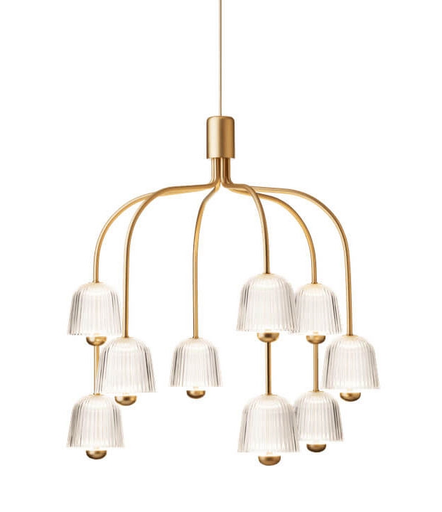 Asteea 9 lysekrone, satin messing/riflet klar